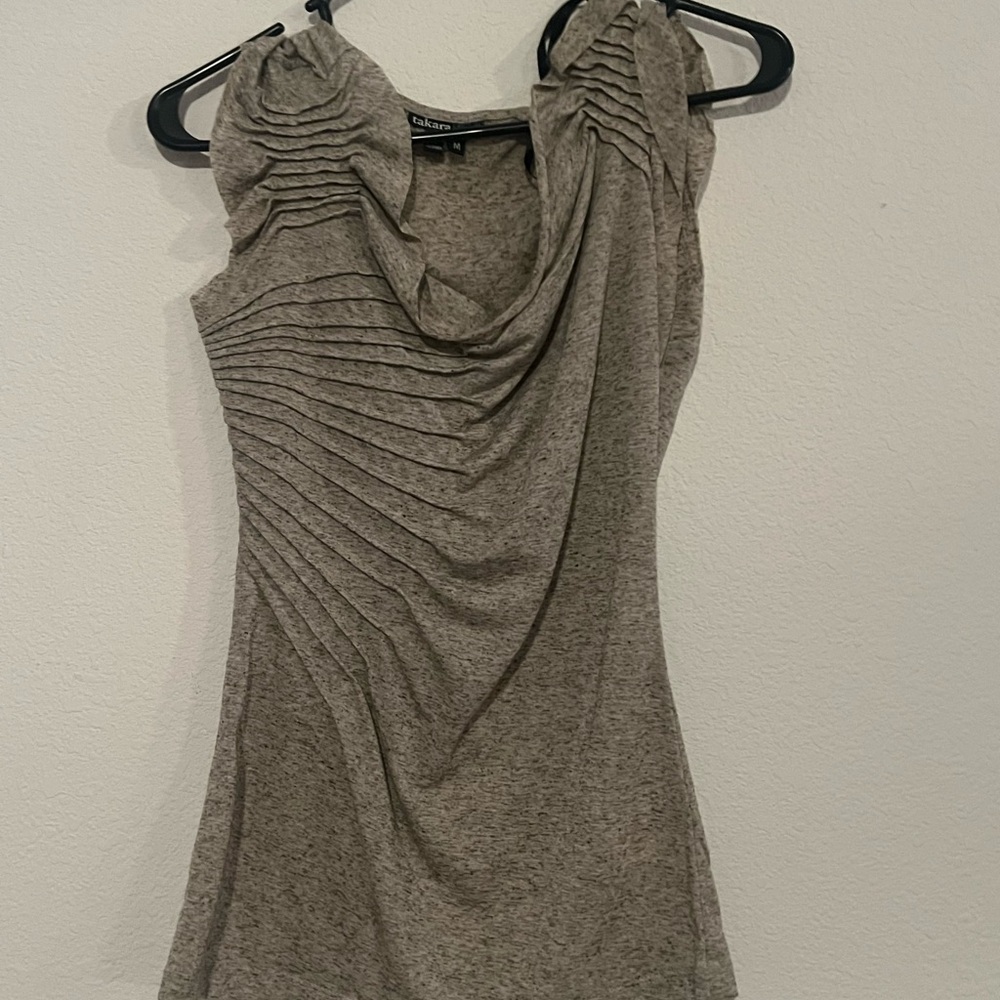 Takara Heathered Taupe Ruched Cowl Neck Tank